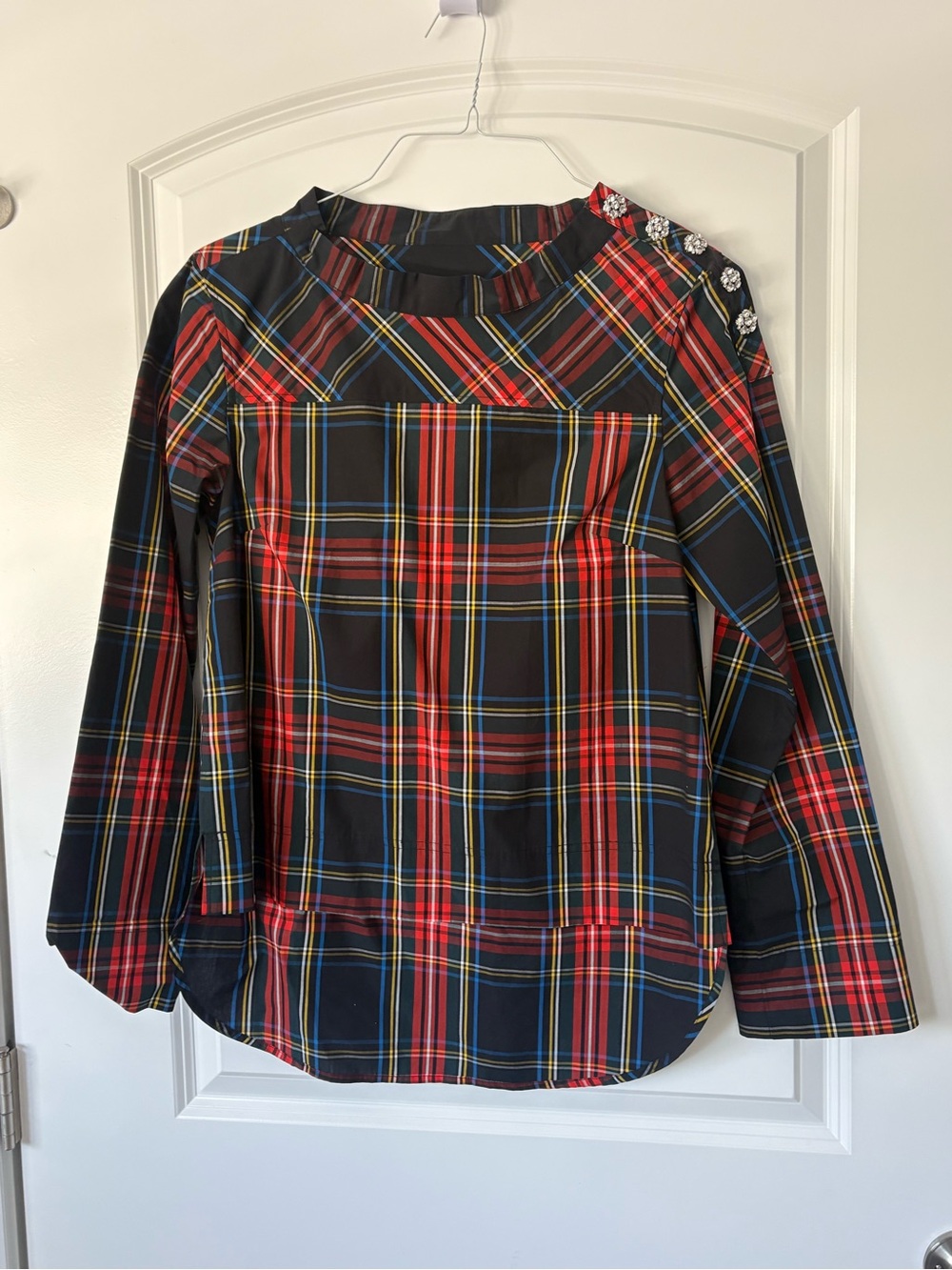 J. Crew Multicolor Plaid Button-Neck Blouse